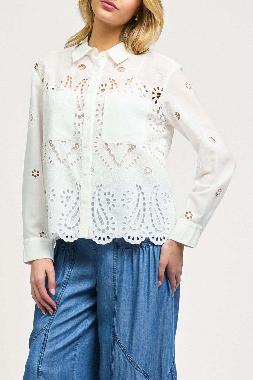 Current Air | Summer Bohemian Preppy Marissa Eyelit Sheer Button Up Blouse Sz L